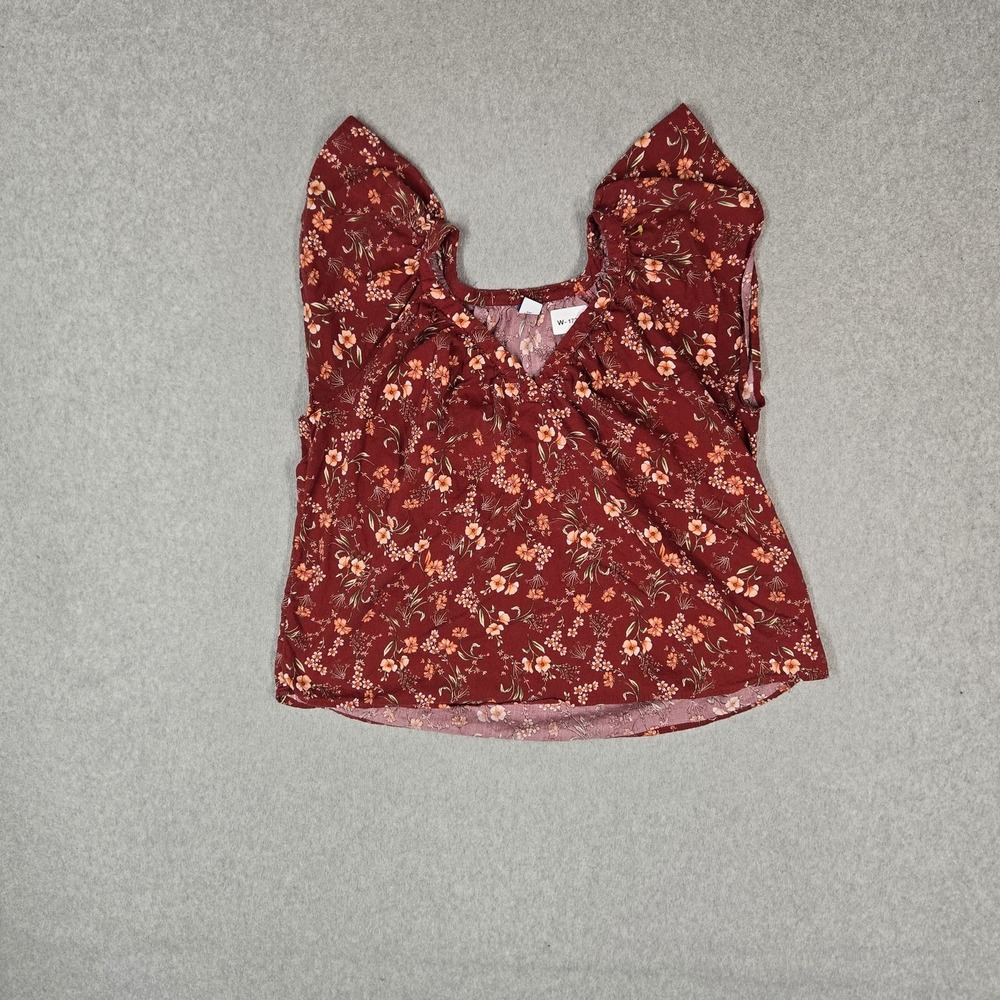 Old Navy Women Blouse M Red Floral Ruffle Flutter Sleeve Boho